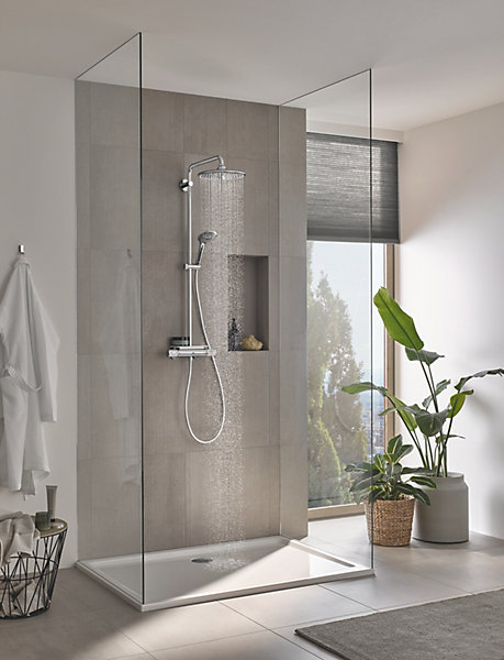 Colonne de douche thermostatique avec pommeau   douchette 3 jets   flexible   barre réglable, chrome, Grohe Vitalio Joy System 260