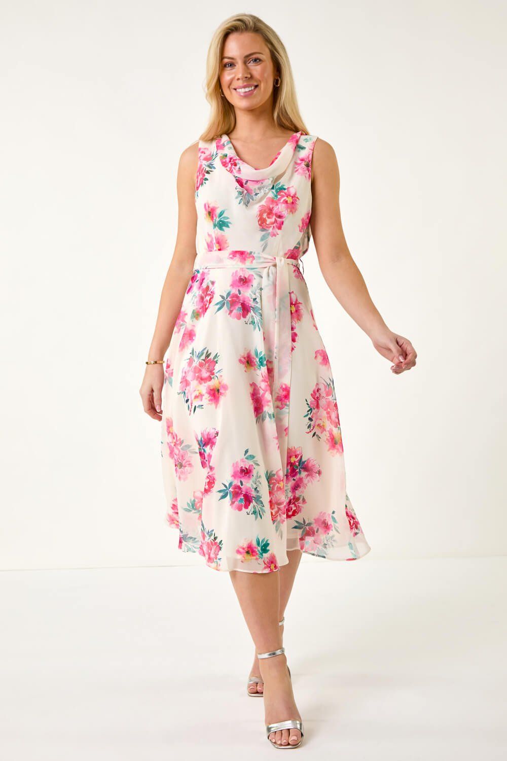 Roman Petite Floral Cowl Neck Midi Dress