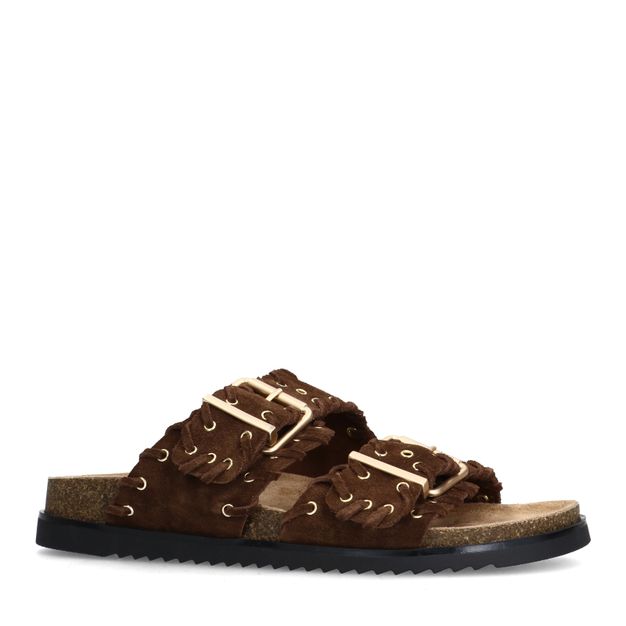 Donkerbruine suède slippers met goudkleurige buckles