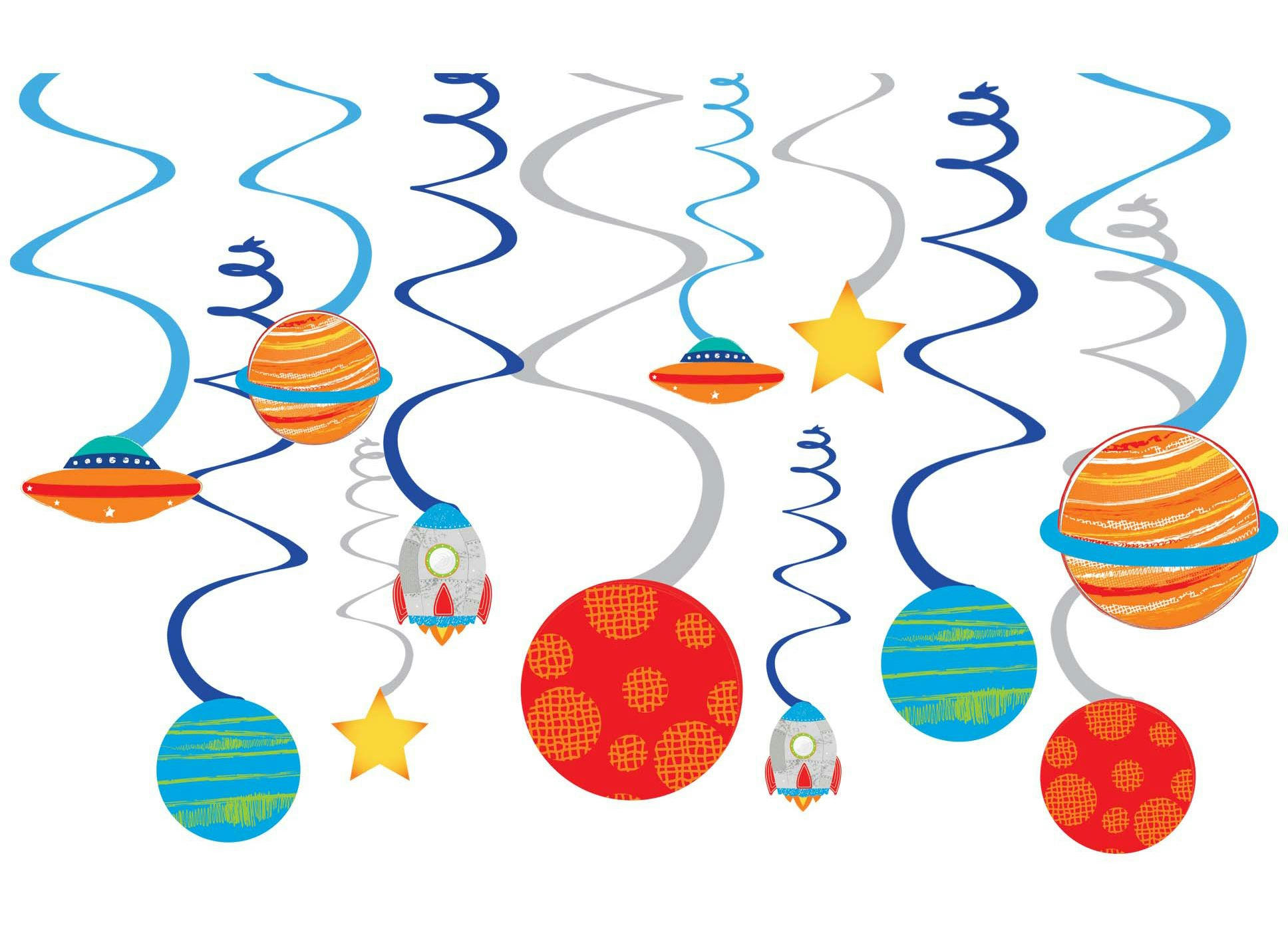 Blast Off Outer Space Easy to Hang Swirl Birthday Party Decorations, 12-pc