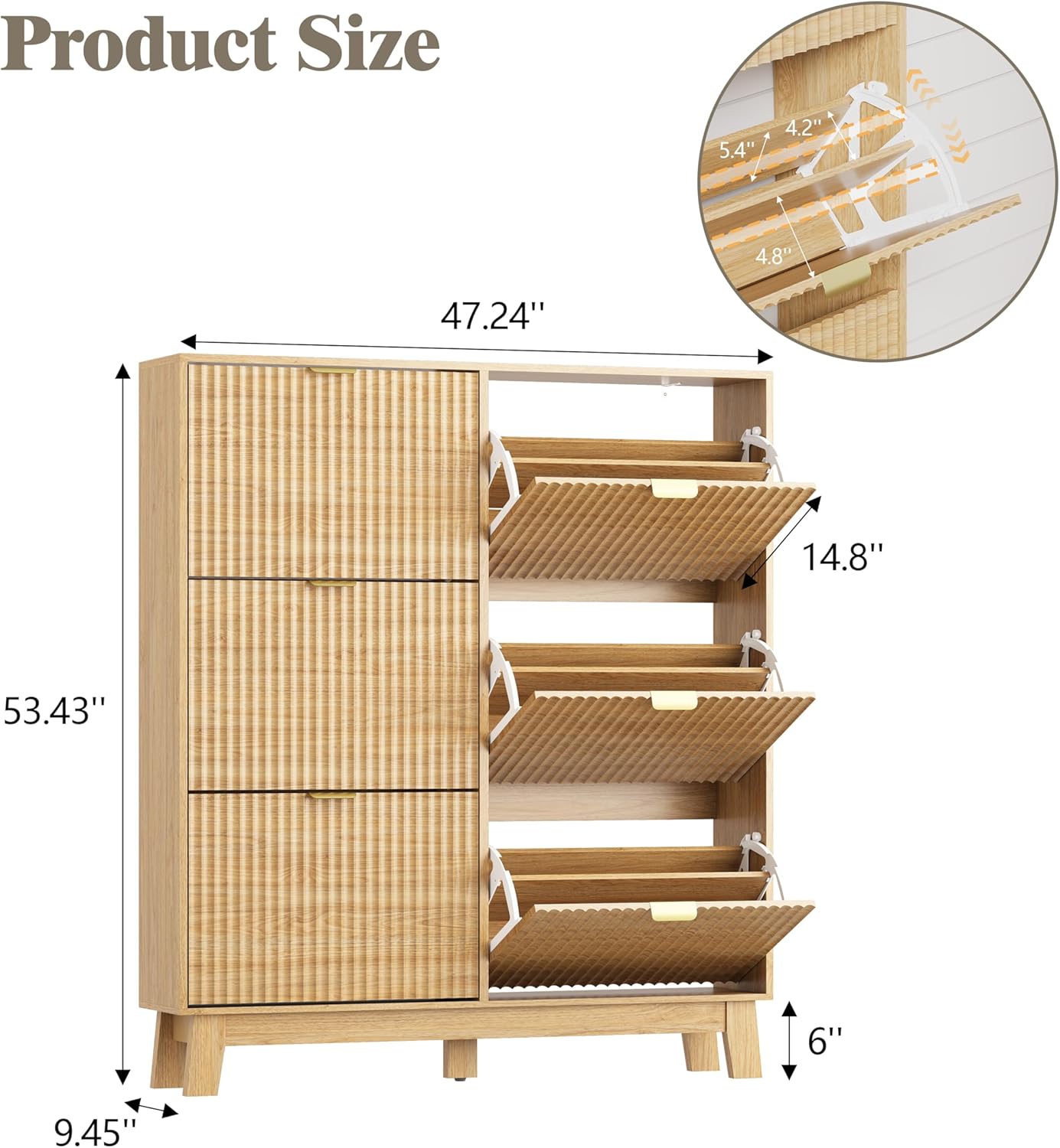 Shoe Cabinet Storage for Entryway with 6 Flip Drawers, Fluted Narrow Shoe Organizer with Wooden Legs, Freestanding Slim Shoe Storage Hidden Shoe Rack Organizer for Front Door Entrance, Oak