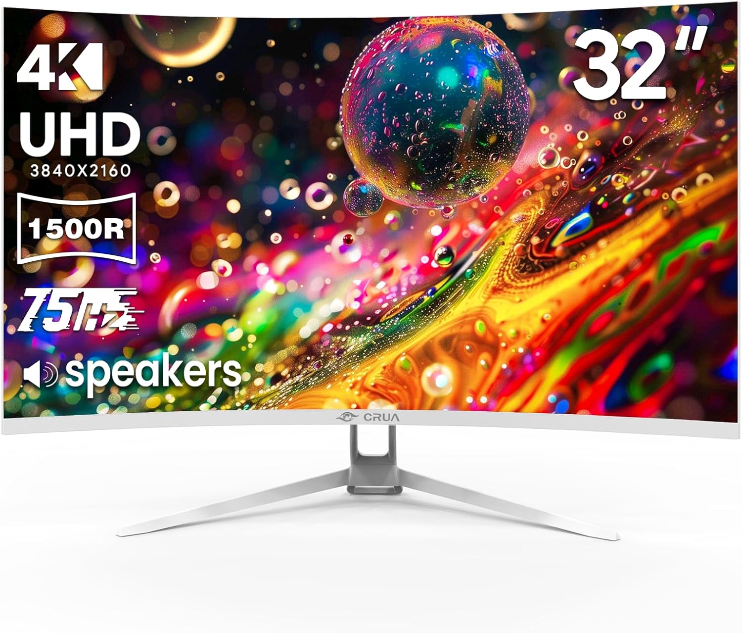 CRUA 32 White Curved Monitor  4K UHD(3840*2160P) 1500R VA Screen  75Hz Computer Monitor Supports AMD Freesync  120% sRGB  Built-in speakers  Blue Light Filter Wall Mountable Installs(HDMI 2.0/DP 1.4)