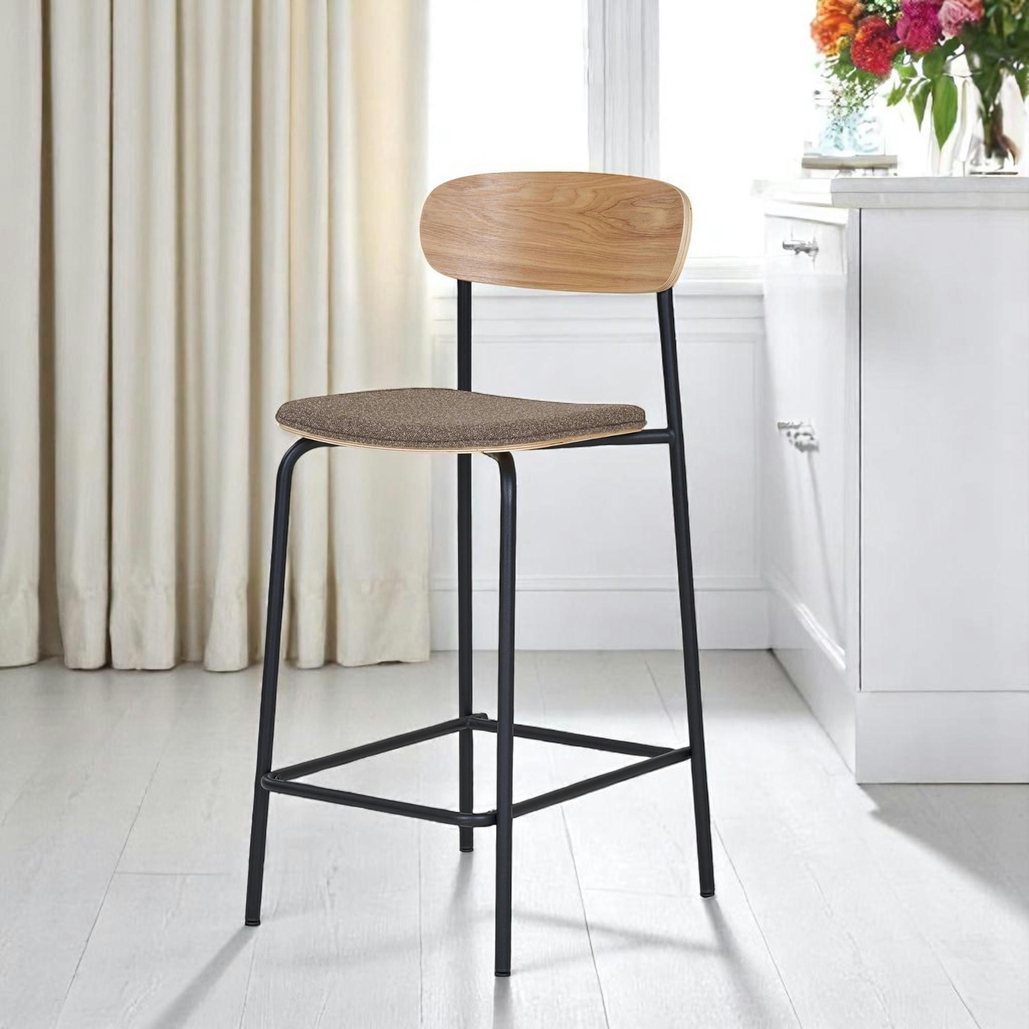 Chaise de bar en bois style écolier avec assise tissu marron (lot de 2) BERLIN