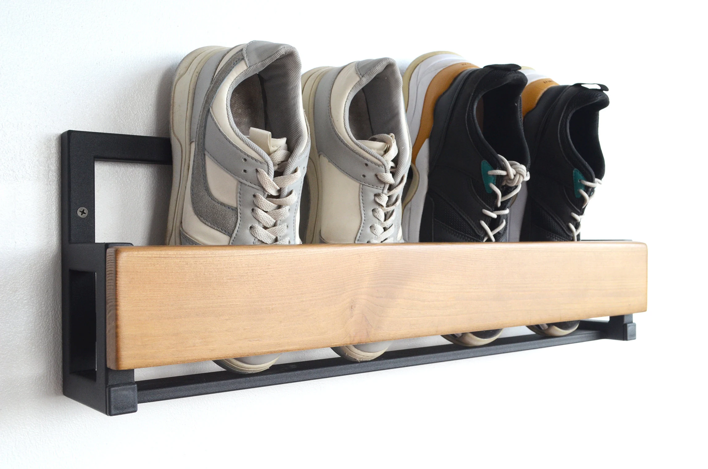 Narrow Wall Mounted Shoe Rack, Vertical Metal Shoe Organizer, Entryway Floating Shelf, Minimalist Hallway Shoe Storage, Slim Wood Boot Rack