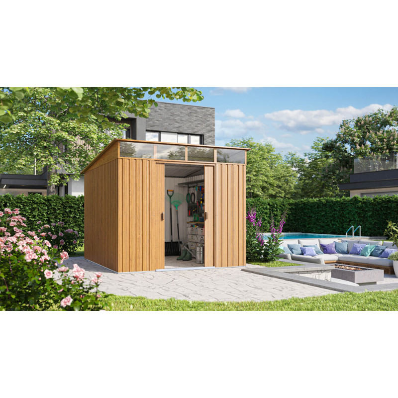 Abri de jardin en métal Lübeck double porte aspect bois 2,38 x 2,78 x 2,03 m PERGART
