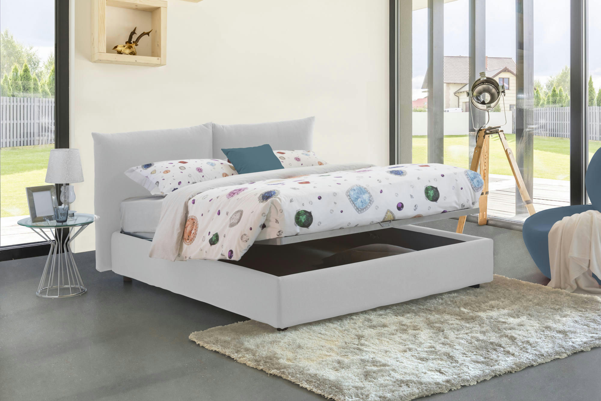 TIZIANA - Lit coffre 160x190 cm en tissu blanc