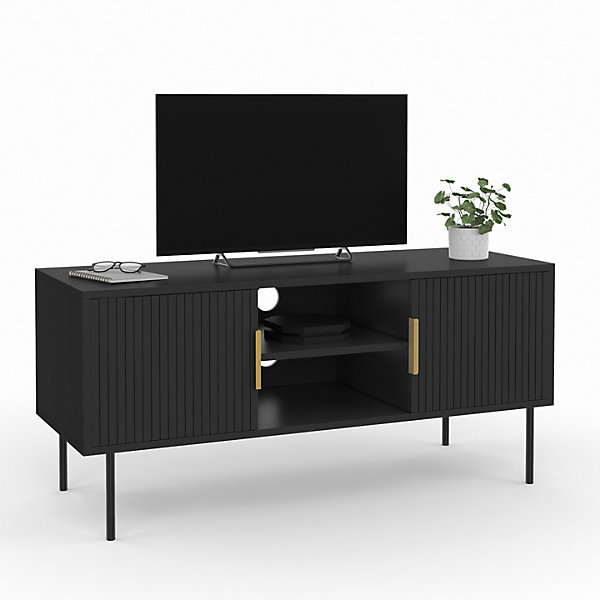 Meuble TV 110 cm MARCEL 2 portes lattes tasseau bois noir