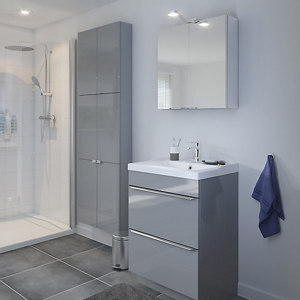 Meuble vasque à poser gris l.60 cm Imandra   plan vasque blanc résine Mila, GoodHome