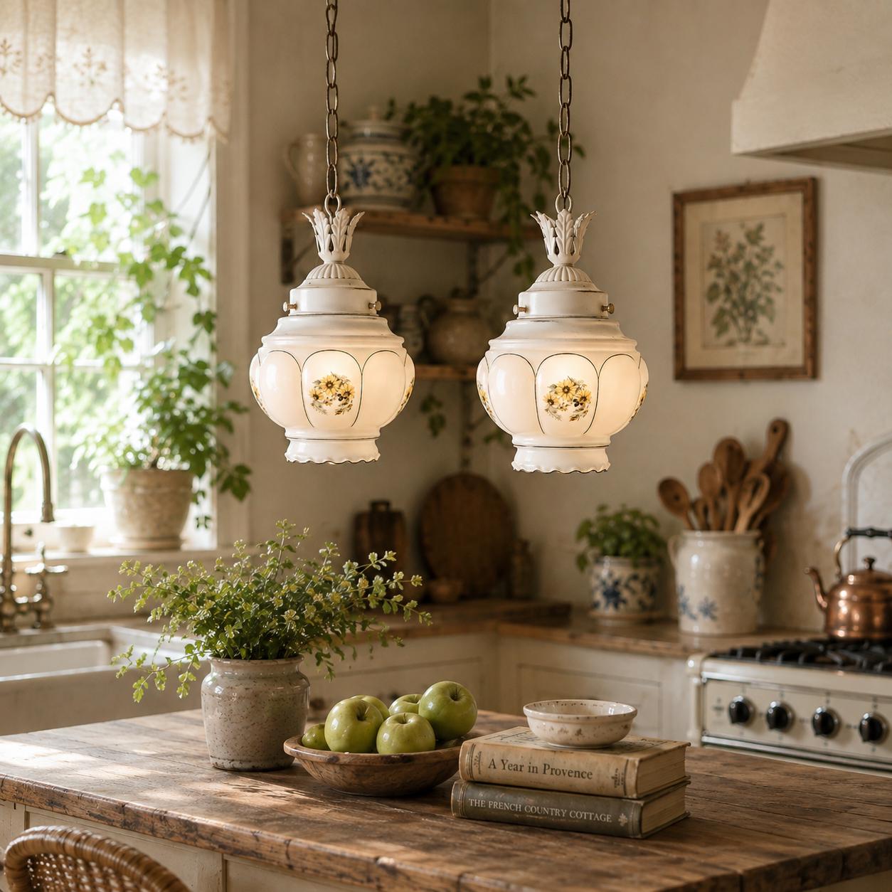 Pair Vintage Milk Glass Pendant Lights, Floral Hanging Ceiling Lights, Cottage Kitchen Lighting, Yellow Flower Light Fixtures