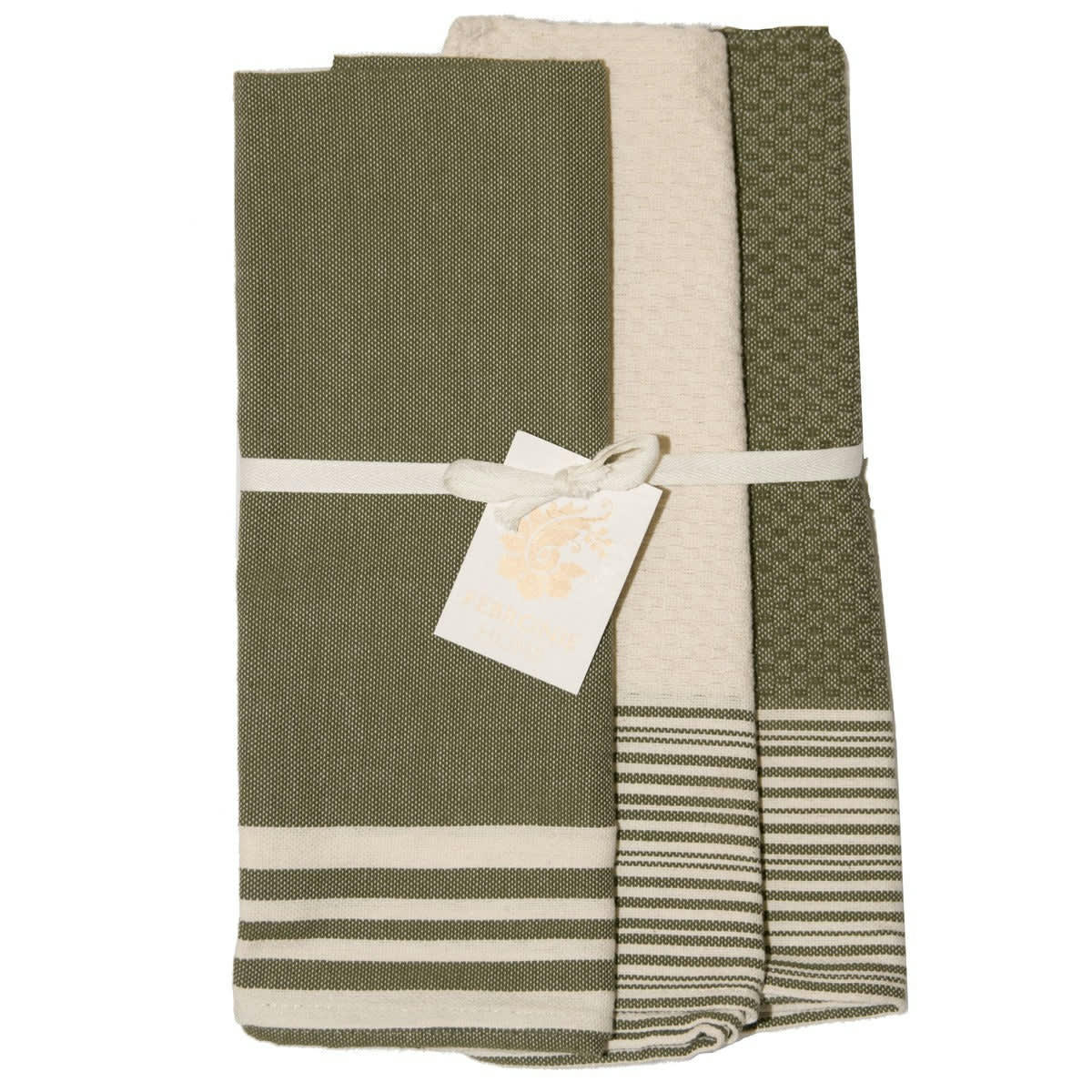 ESSENTIELLE - Torchons (x3) coton  60x40 vert kaki / écru