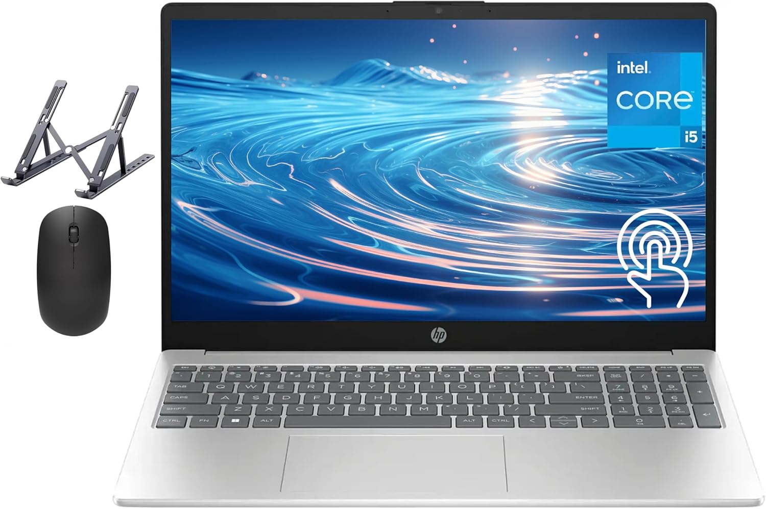 HP 15.6 Touchscreen Laptop  Intel Core i5 Processor  16GB RAM  512GB SSD  Numeric Keypad  Bluetooth  Wi-Fi  Long Battery Life  Windows 11 Home  Alpacatec Accessories  Silver