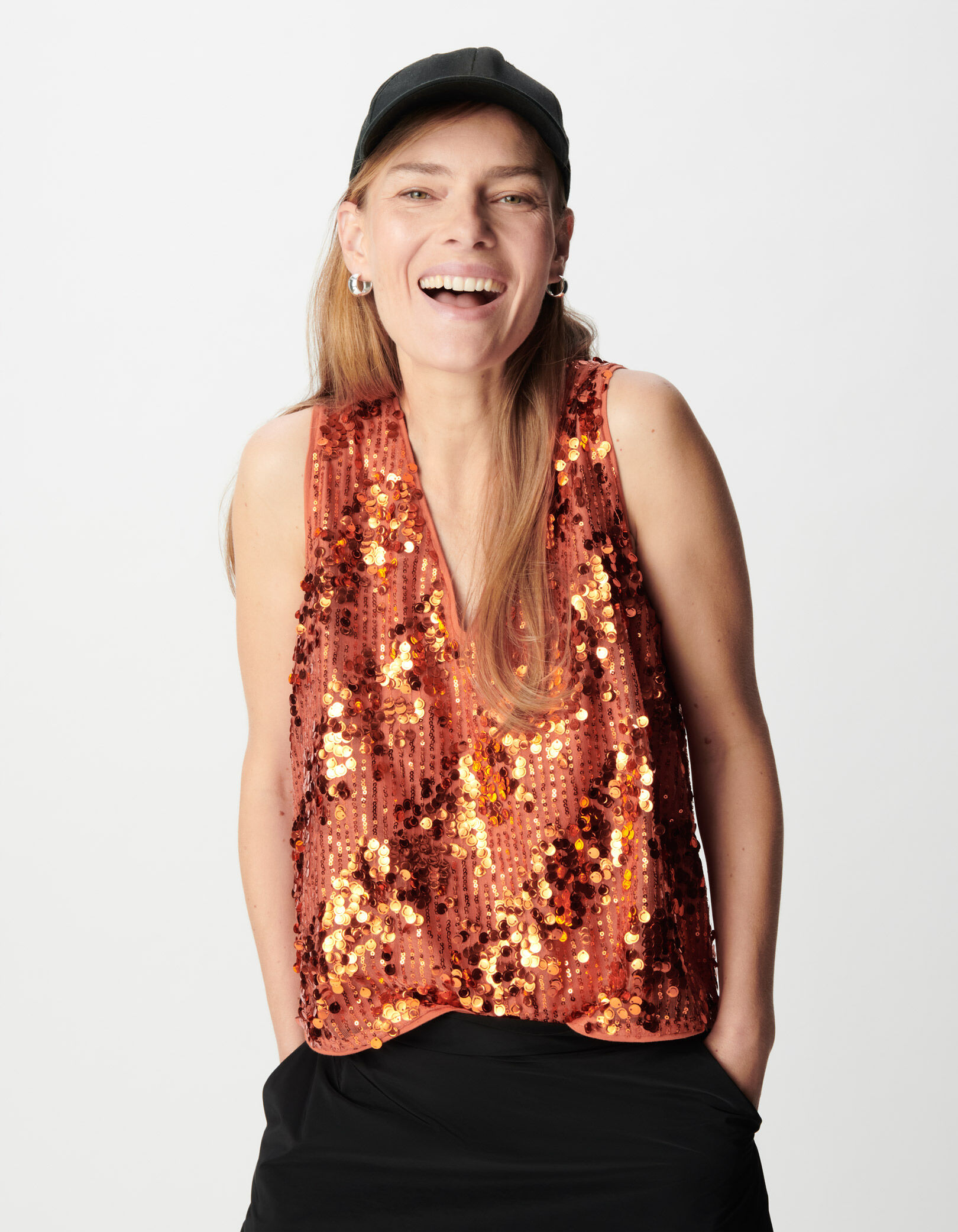Top col V orange broderies sequins Femme