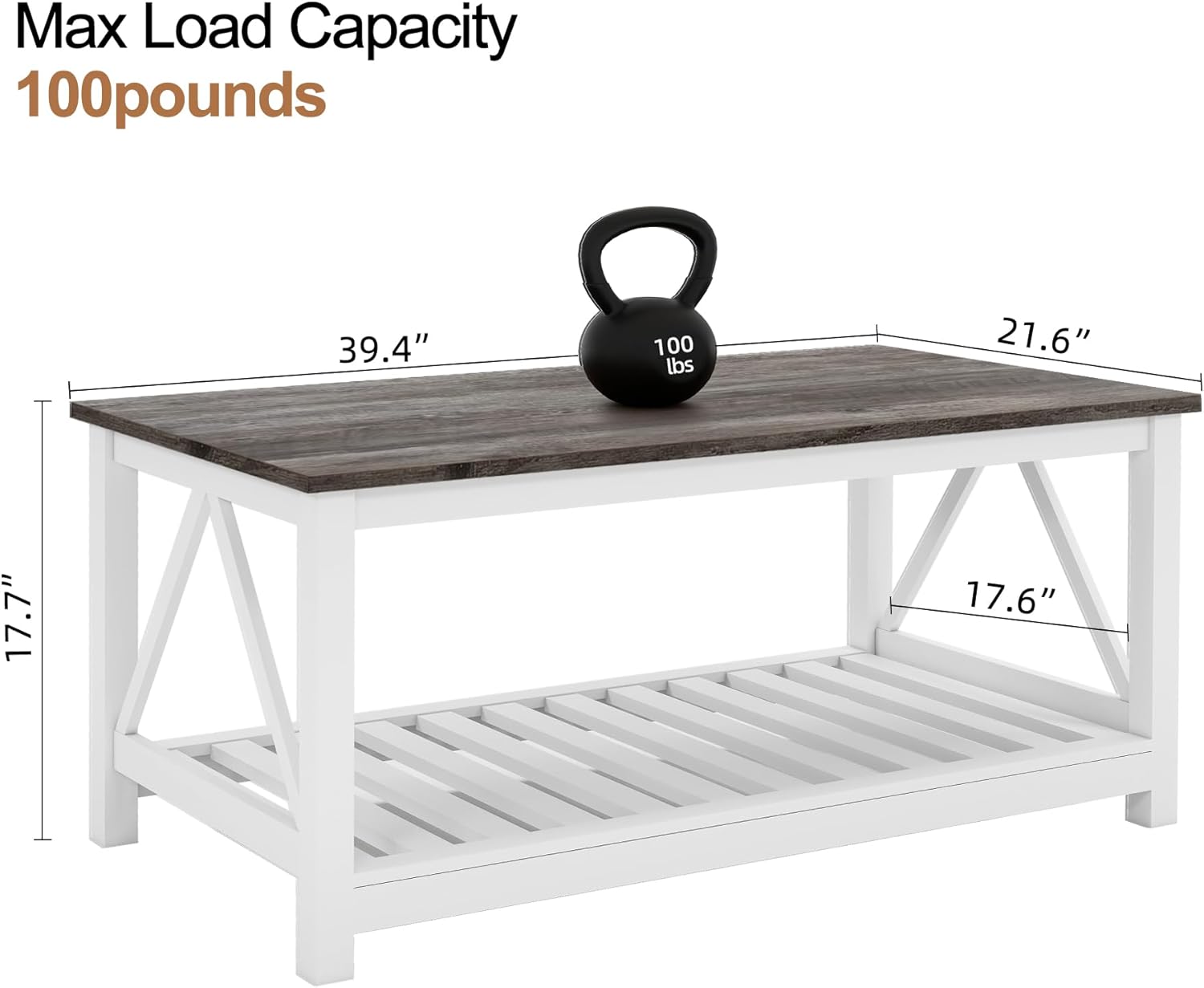 Farmhouse Coffee Table, White Oak Coffee Table for Living Room, 2-Tier Rectangular Wooden Centre Cocktail Table with Slats Shelf Storage and V-Shaped Frame Modern Coffee Oak Grey
