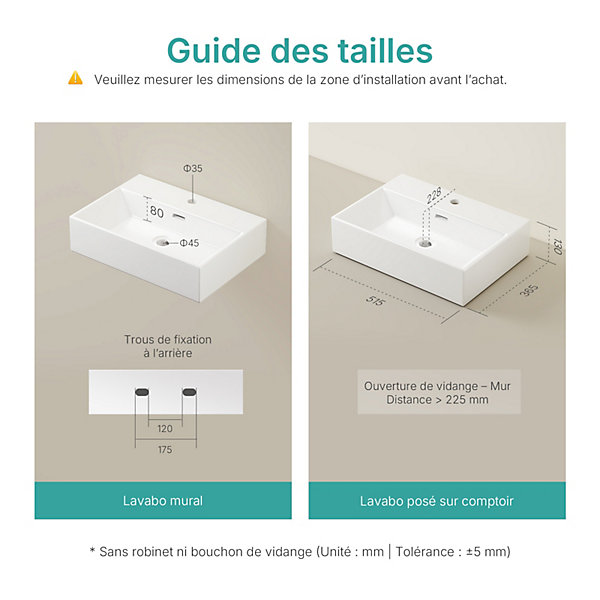 EMKE Vasque à Poser en céramique 51,5x36,5x13cm, Lavabo rectangulaire avec robinet trou prépercé, Lavabo à poser blanc brillant