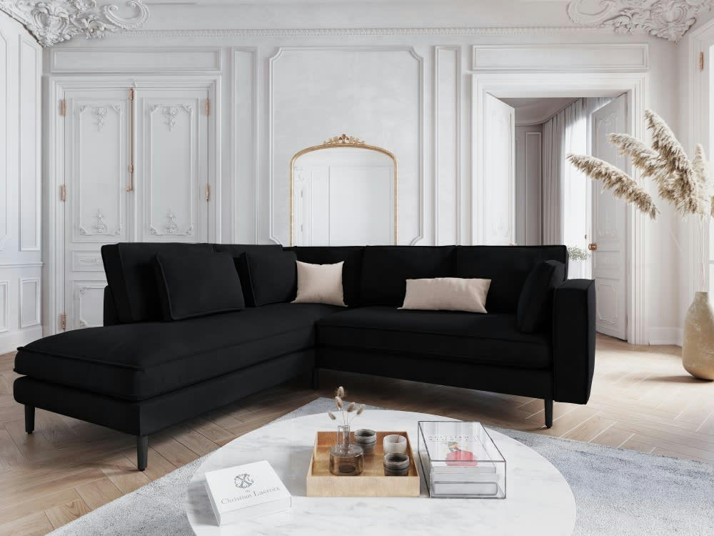 ALEXIS - Canapé d'angle 5 places en velours noir