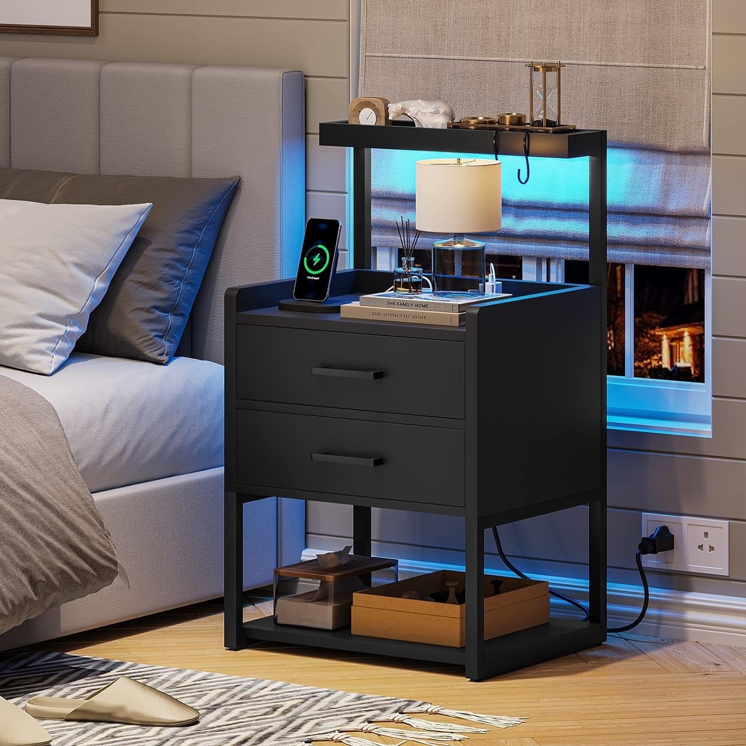 2 Drawer Nightstand with LED Lights Charging Station
