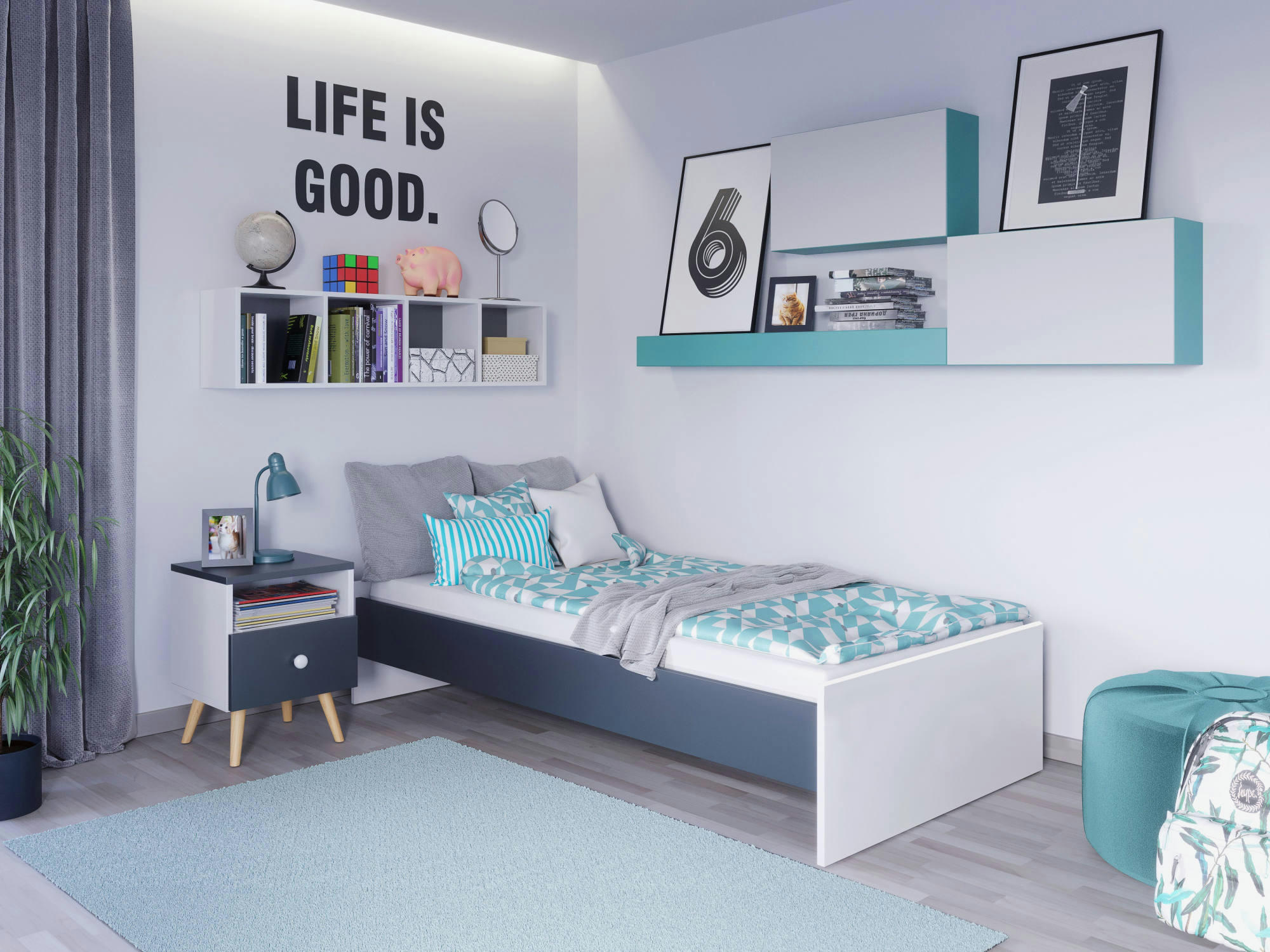 KOB33 II - Lit simple 90x190 cm effet bois blanc et gris