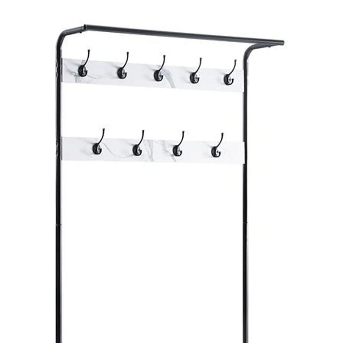 Hall Tree with 9 Hooks and 2 Metal Shelves, White and Black