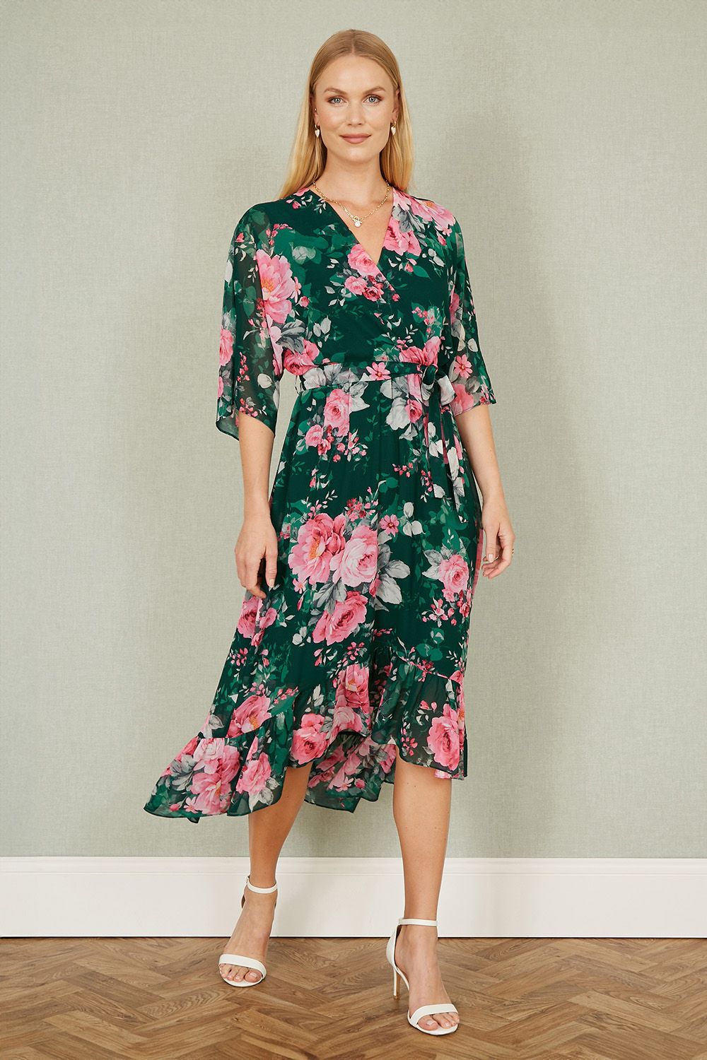 Yumi Dark Green Kimono Sleeves Midi Dip Hem Wrap Midi Dress