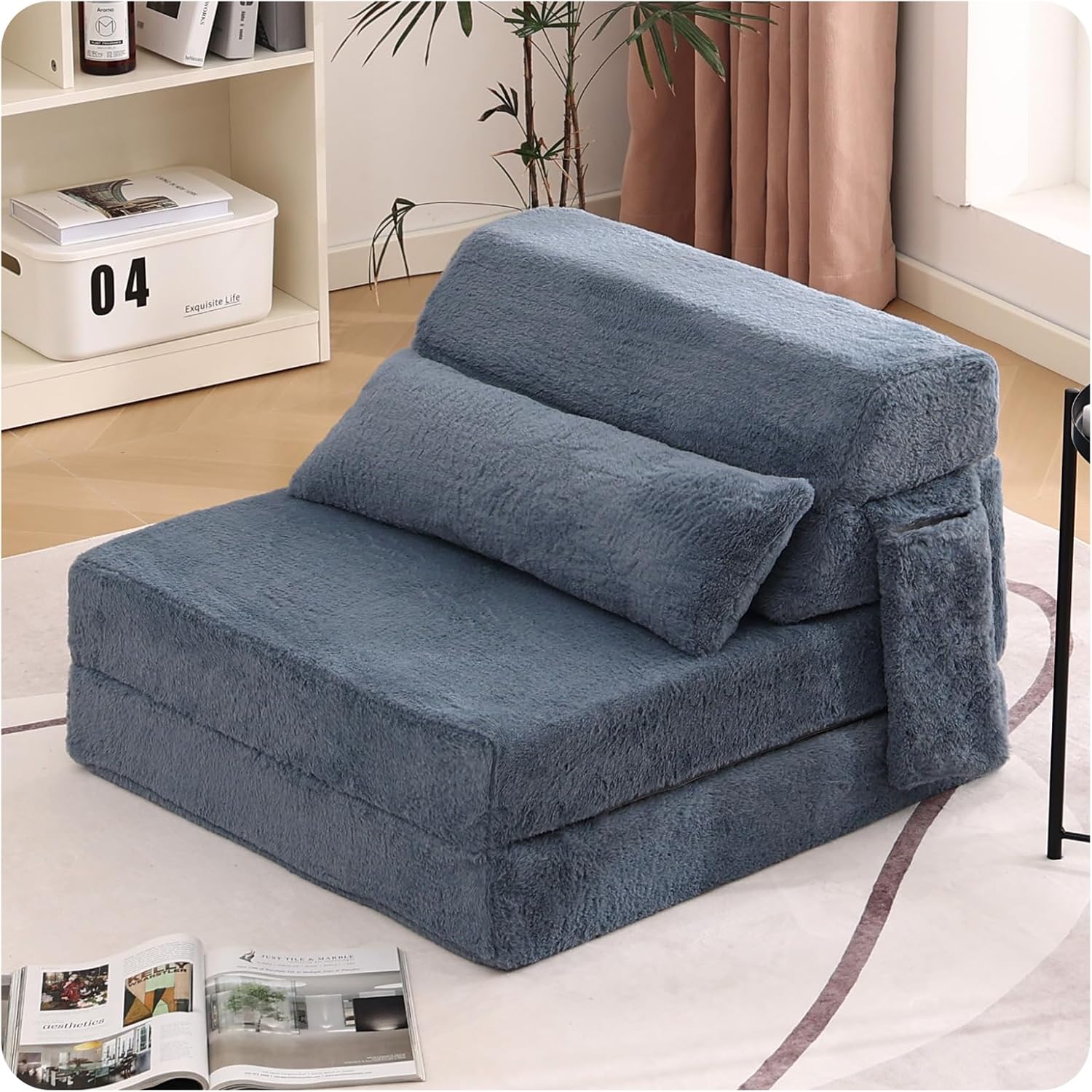 Tiita Convertible Folding Sofa Bed Single Size for Adults with Pillow, Plush Fabric Floor Mattress Couch Bed, Washable Cover & Side Pocket, Guest Room, Dorm, Apartment, Living Room, Blue Gray
