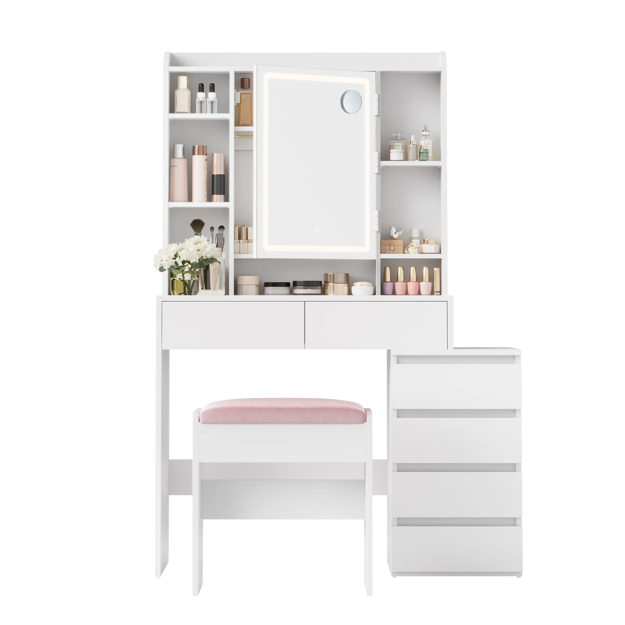 Coiffeuse avec miroir LED, tabouret, tiroirs et rangements ouverts