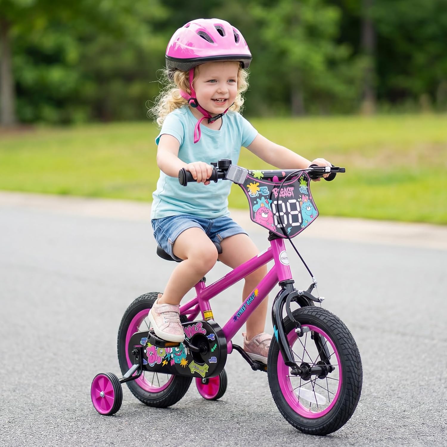 Olakids Kids Bike, 12 14 16 18 Inch BMX Style Toddlers Bike with DIY Drawing Board Training Wheels Adjustable Seat Coaster Brake Handbrake Safety Bell for Boys Girls