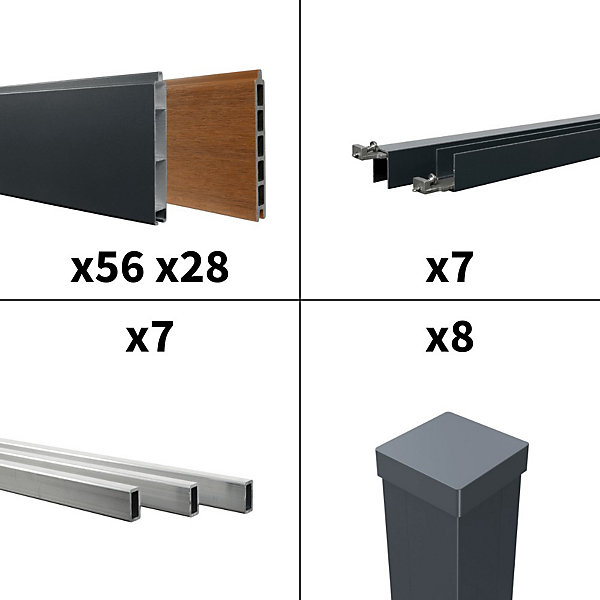 Kit Clôture Aluminium BAHIA &CRUZ Teck 12,85x1,8m - Bois Composite &Aluminium - Poteaux Gris - Brise Vue - Palissade