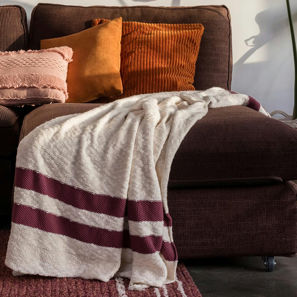 MOROCCO - Plaid en coton beige et rouge 125x150