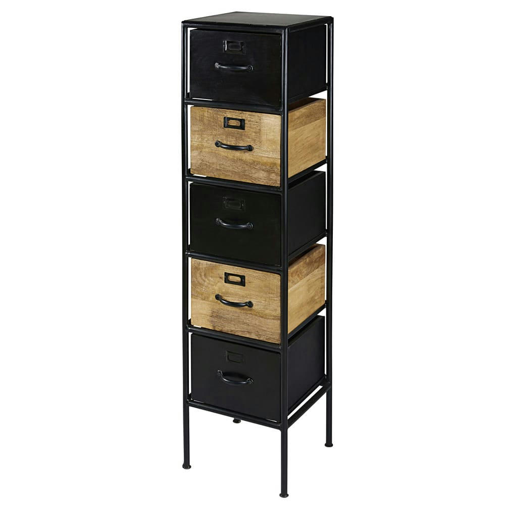 Houston - Colonne de rangement 5 tiroirs en manguier et métal noir