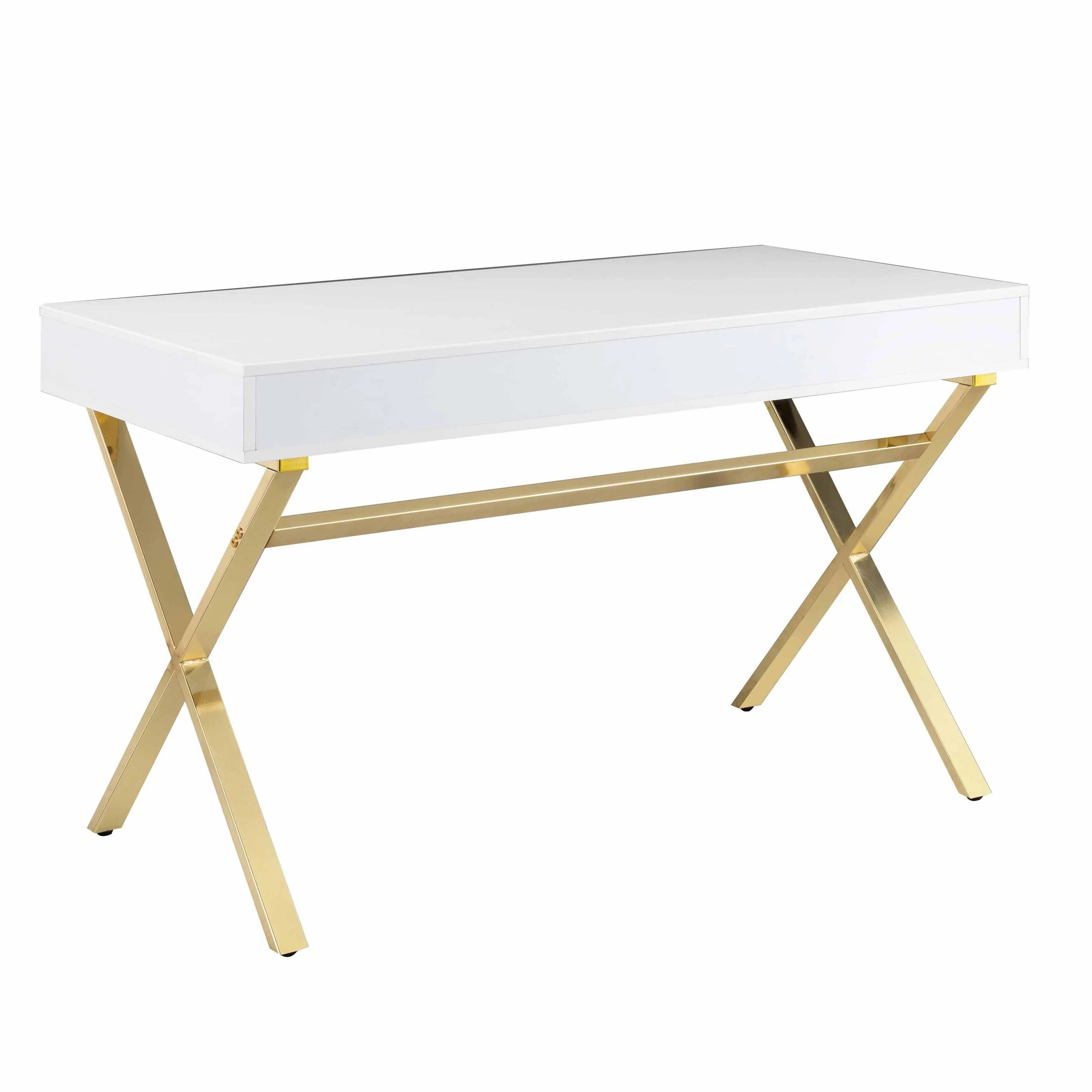 Gracie 47 Inch Desk, White Rectangular Top, 2 Drawers, Gold Metal Legs