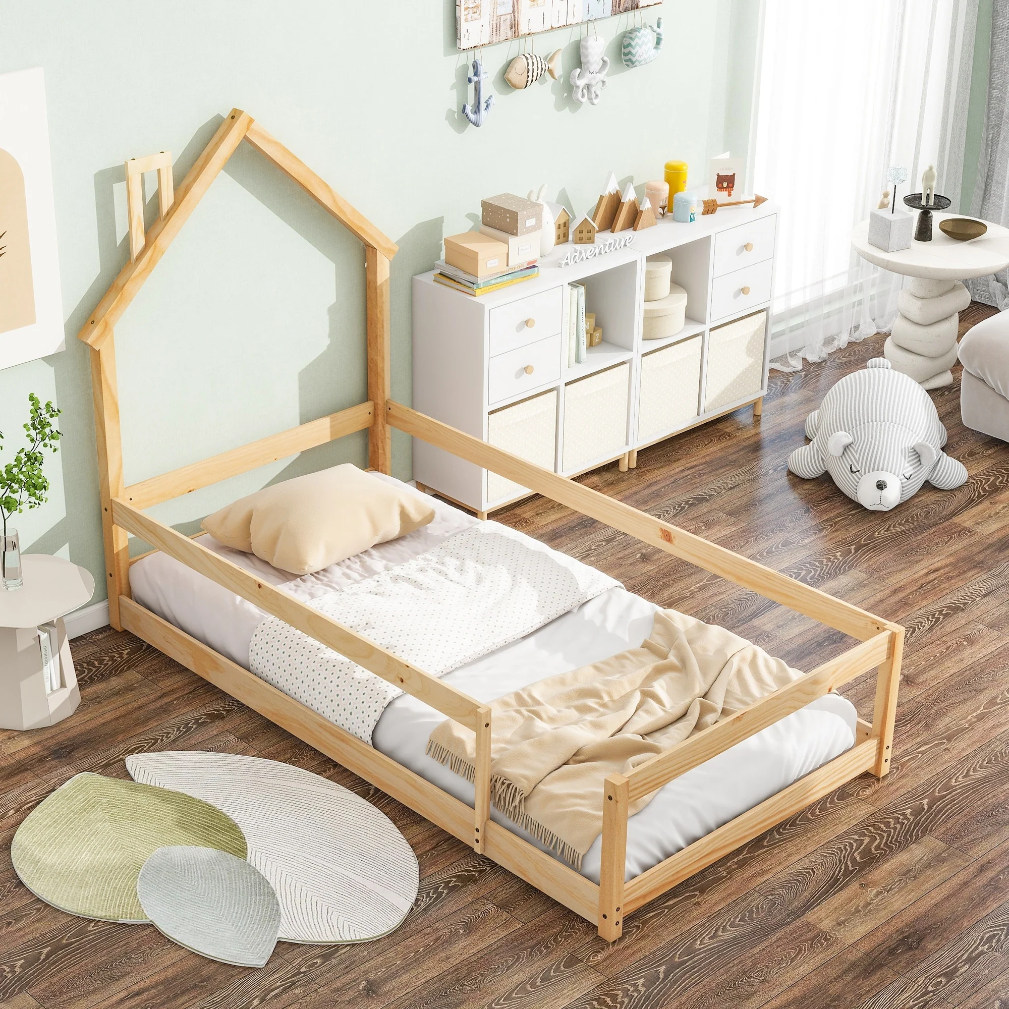 Wooden Twin Floor Bed with House-Shaped Headboard and Safety Guardrails