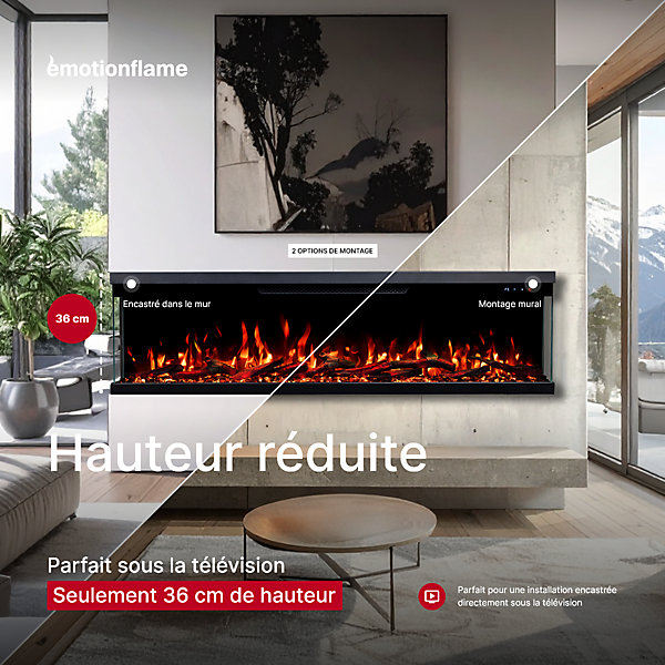 Cheminée électrique à 3 côtés Emotion Flame Unity 152 - murale ou encastrable - 152x19x36 cm - cheminée LED - 900/1800 W