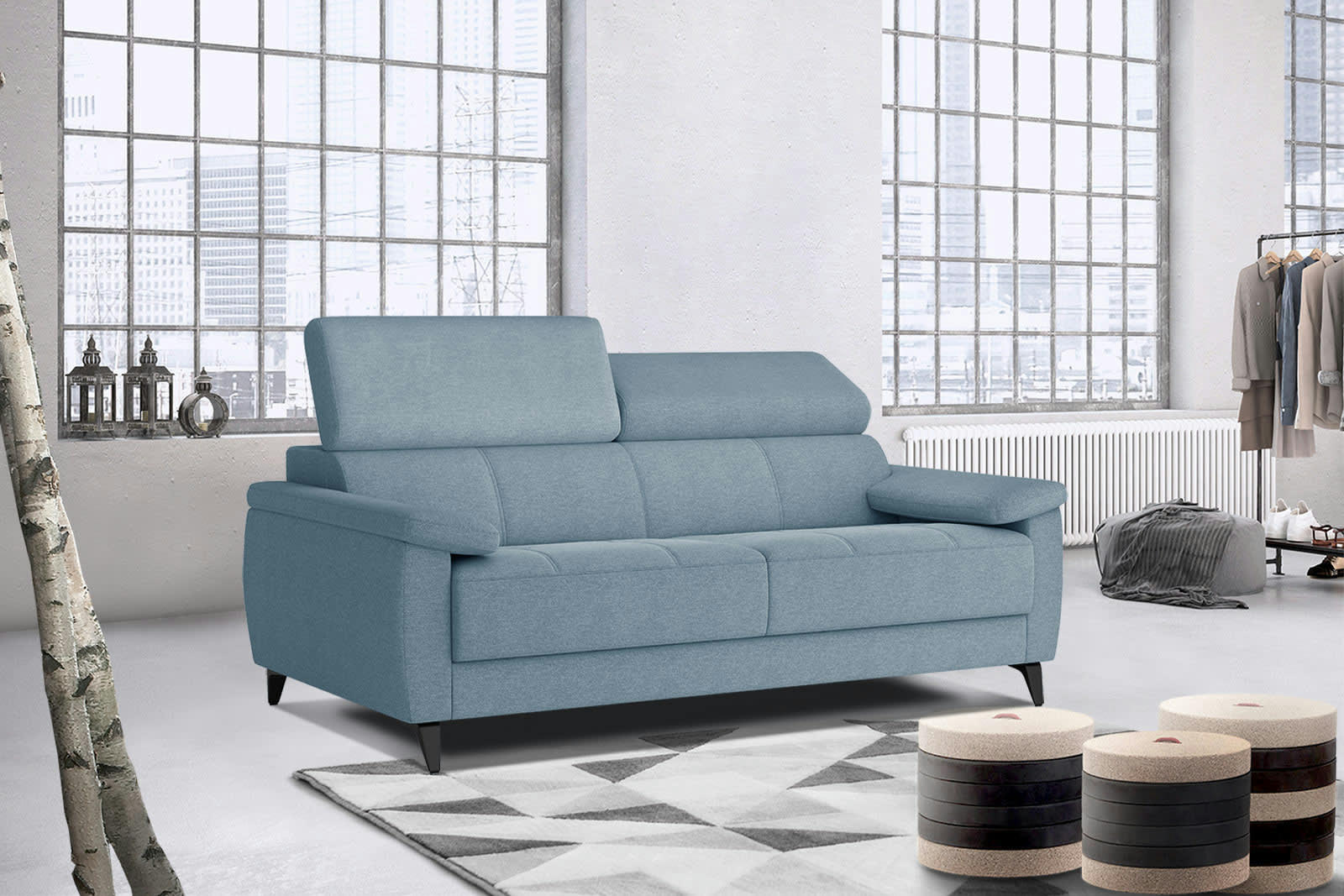 TAUNUS - Canapé droit 3 places XXL tissu bleu clair