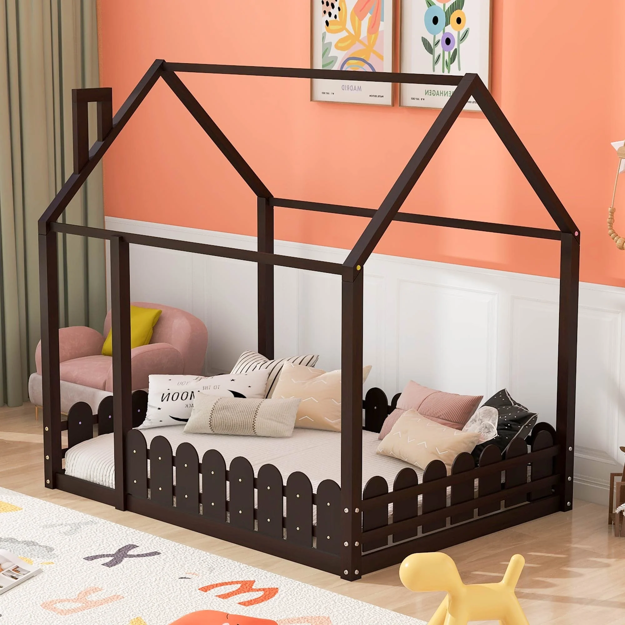 Full Size Wood House Bed Frame with Fence, Perfect for Kids' Play and Sleep Space