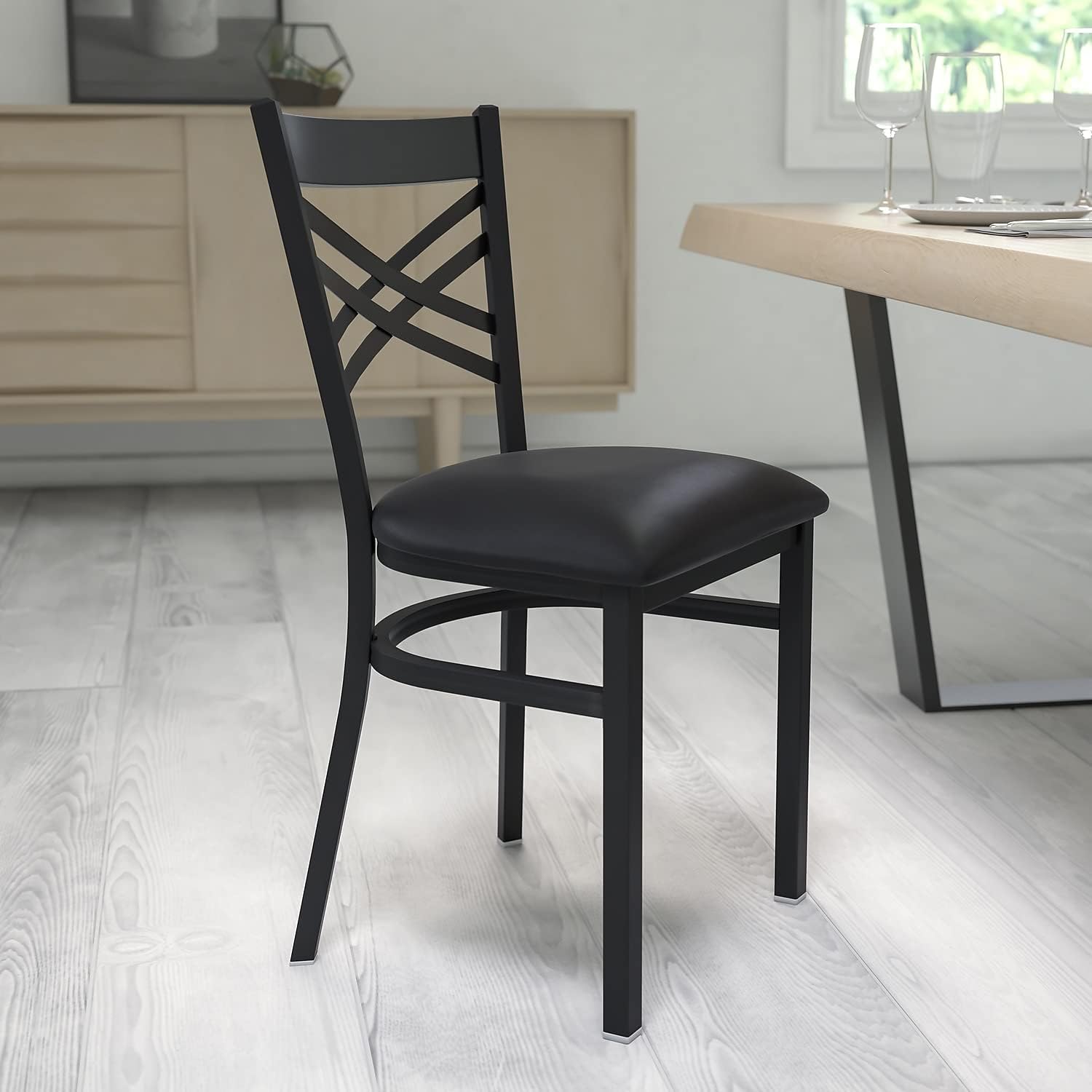 Flash Furniture Hercules Series X Back Metal Restaurant Chairs, Modern Upholstered Armless Dining Chairs for Restaurants/Kitchens, Set of 2, Black