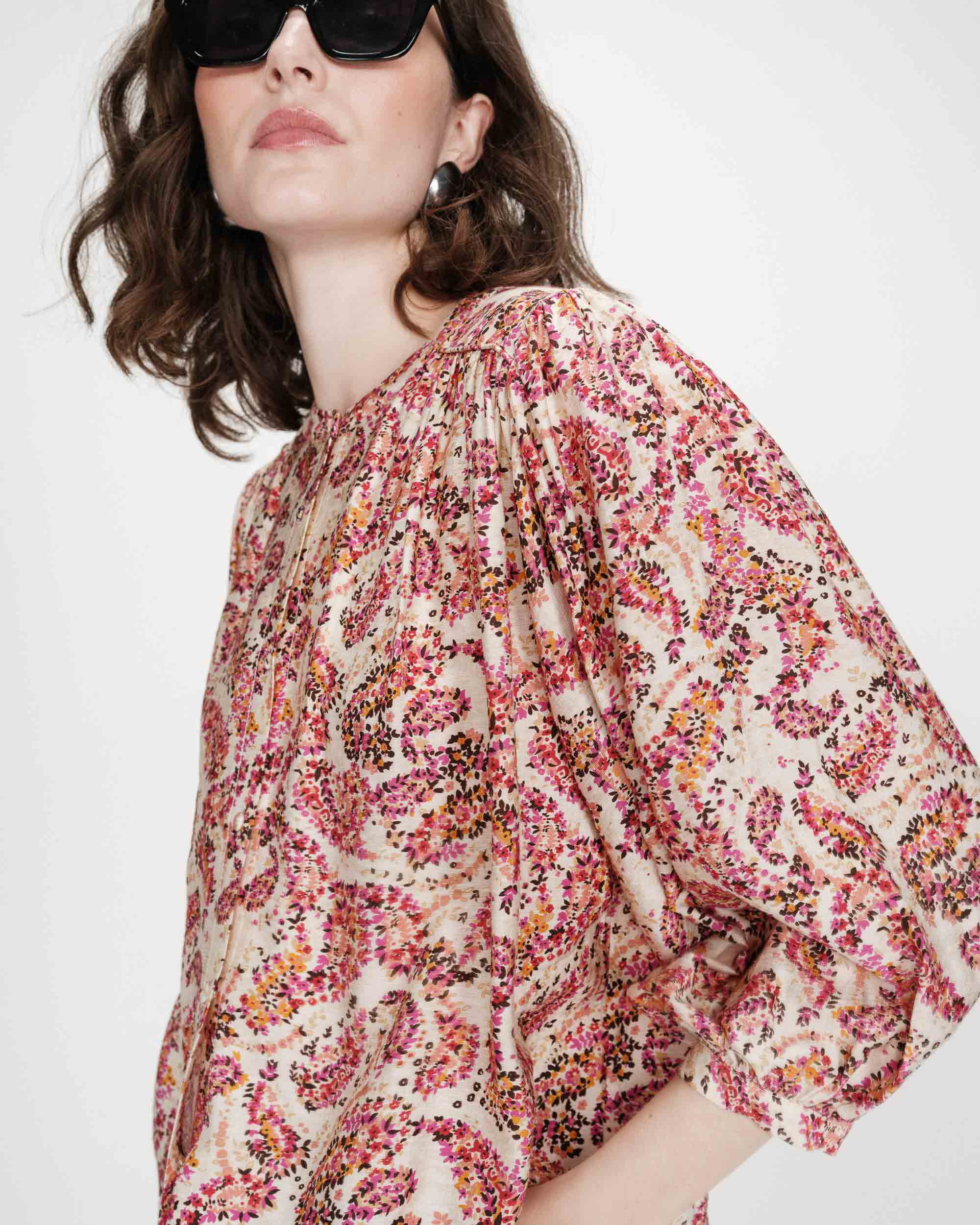 Blouse ample manches bouffantes imprimée florale peche Vezia