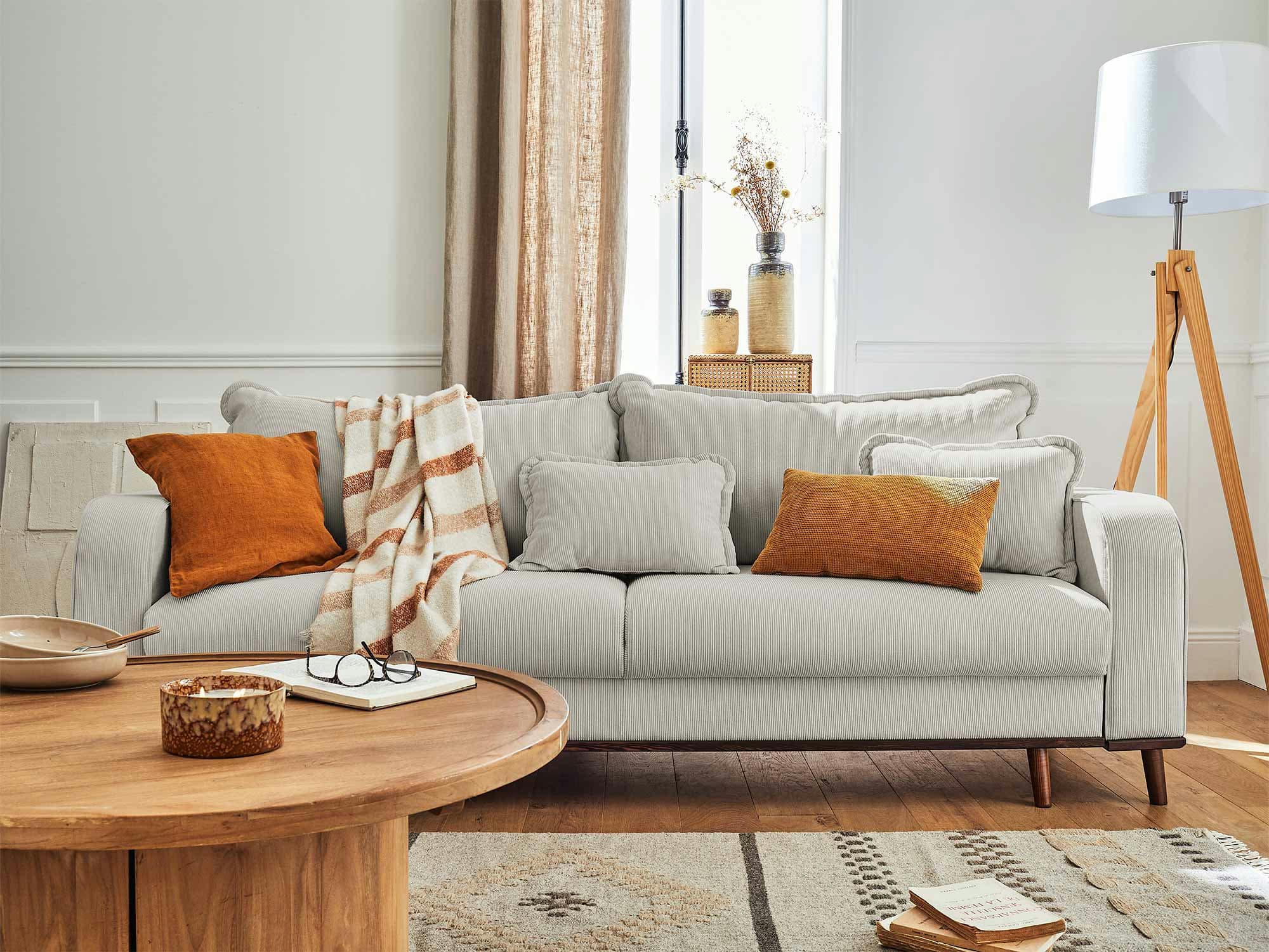 BILLIE - Canapé droit convertible 3 places en velours côtelé gris clair