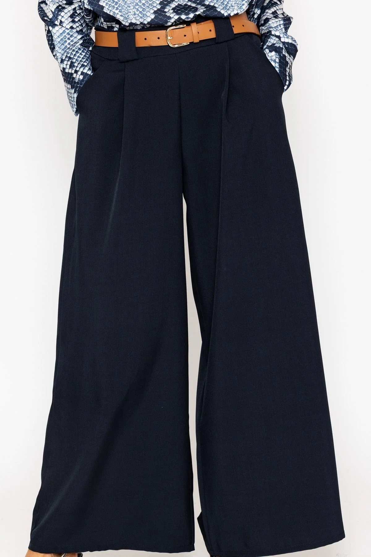 Navy Belted Wide Leg Trousers