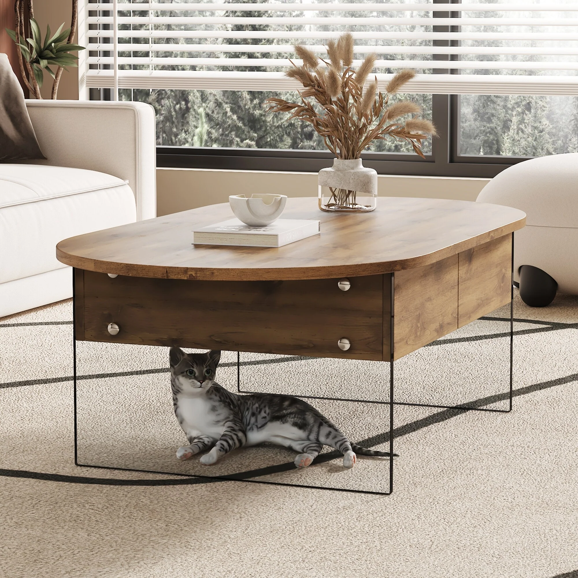 Cozy Oval Double Drawer Coffee Table,Multi-Functional Design,Both Sides Are Transparent Tempered Glass