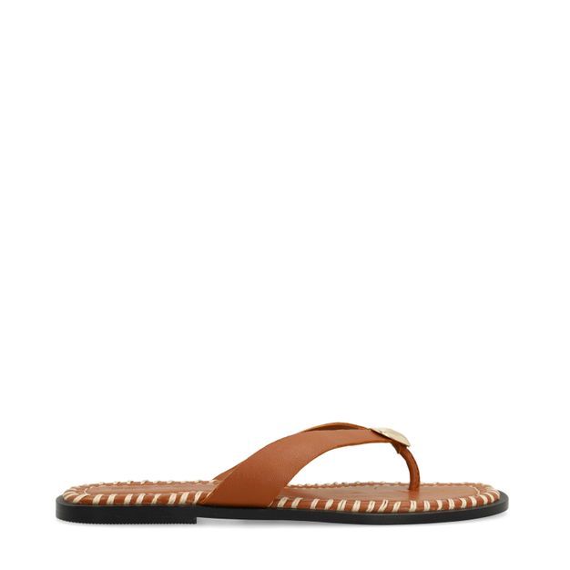 Cognac leren slippers met goudkleurig detail