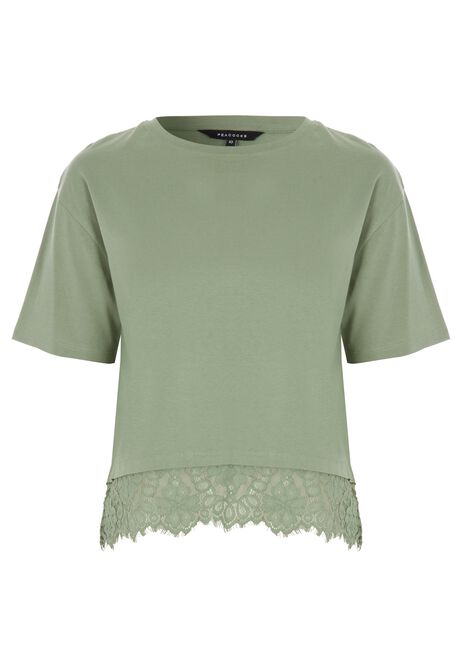 Womens Green Cotton Lace Trim T-Shirt