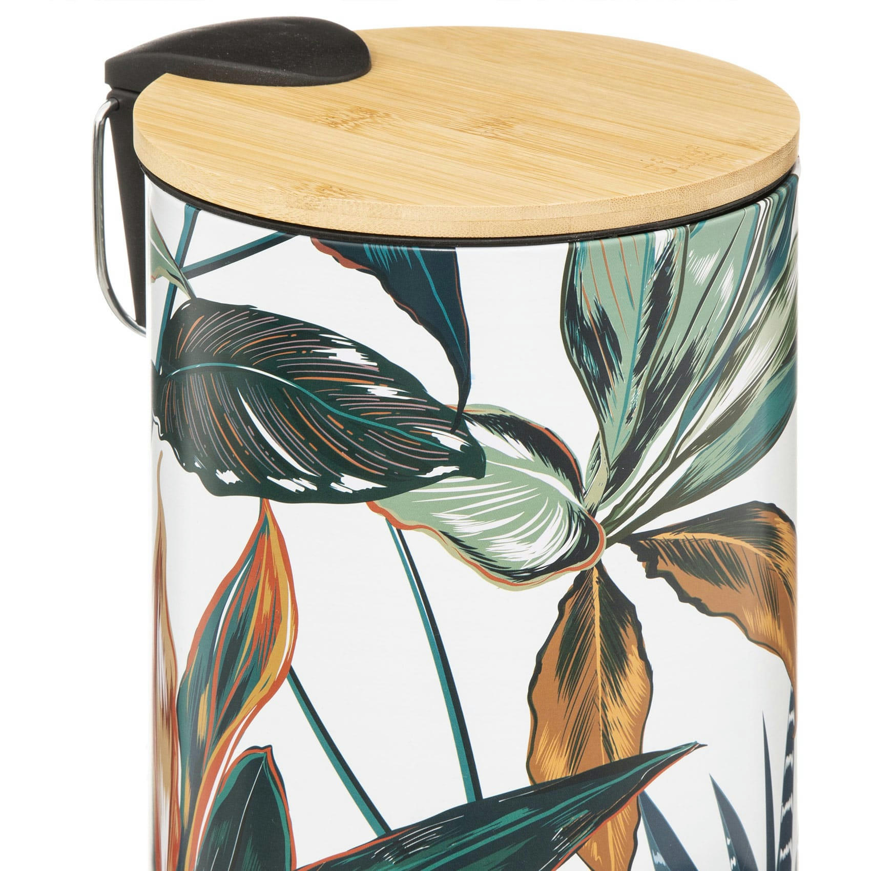 - Poubelle salle de bain métal couvercle bambou feuillage exotique - 3L