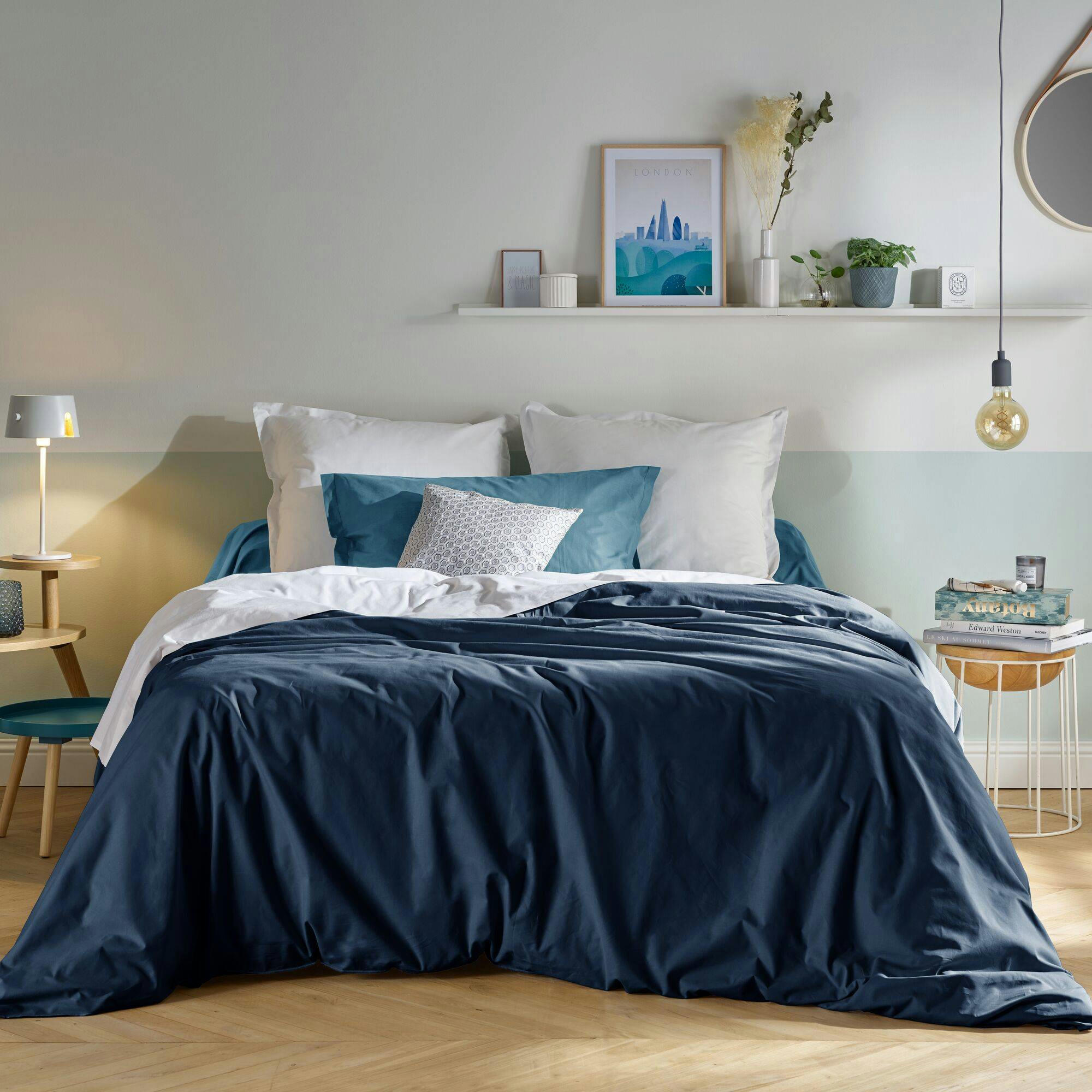 FIL & SENS - Drap housse coton bio bleu nuit 160 x 200 cm