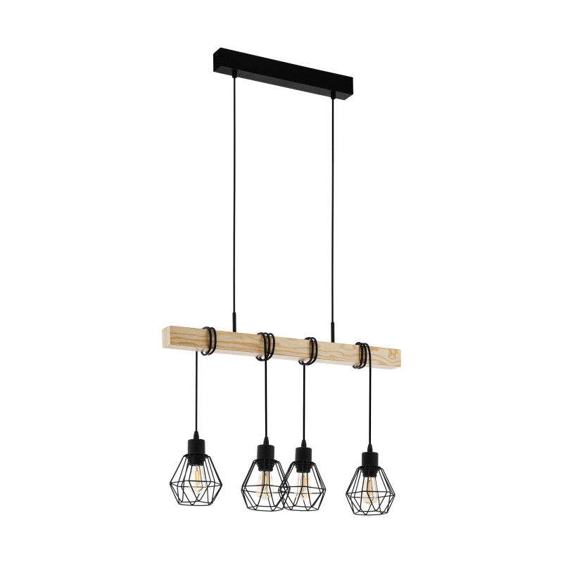Suspension Townshend noire et chêne E27 4 x 60 W EGLO