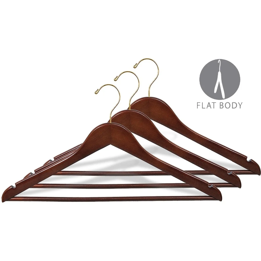 Walnut Finish Wooden Suit Hanger with Solid Wood Pant Bar and Brass Hook