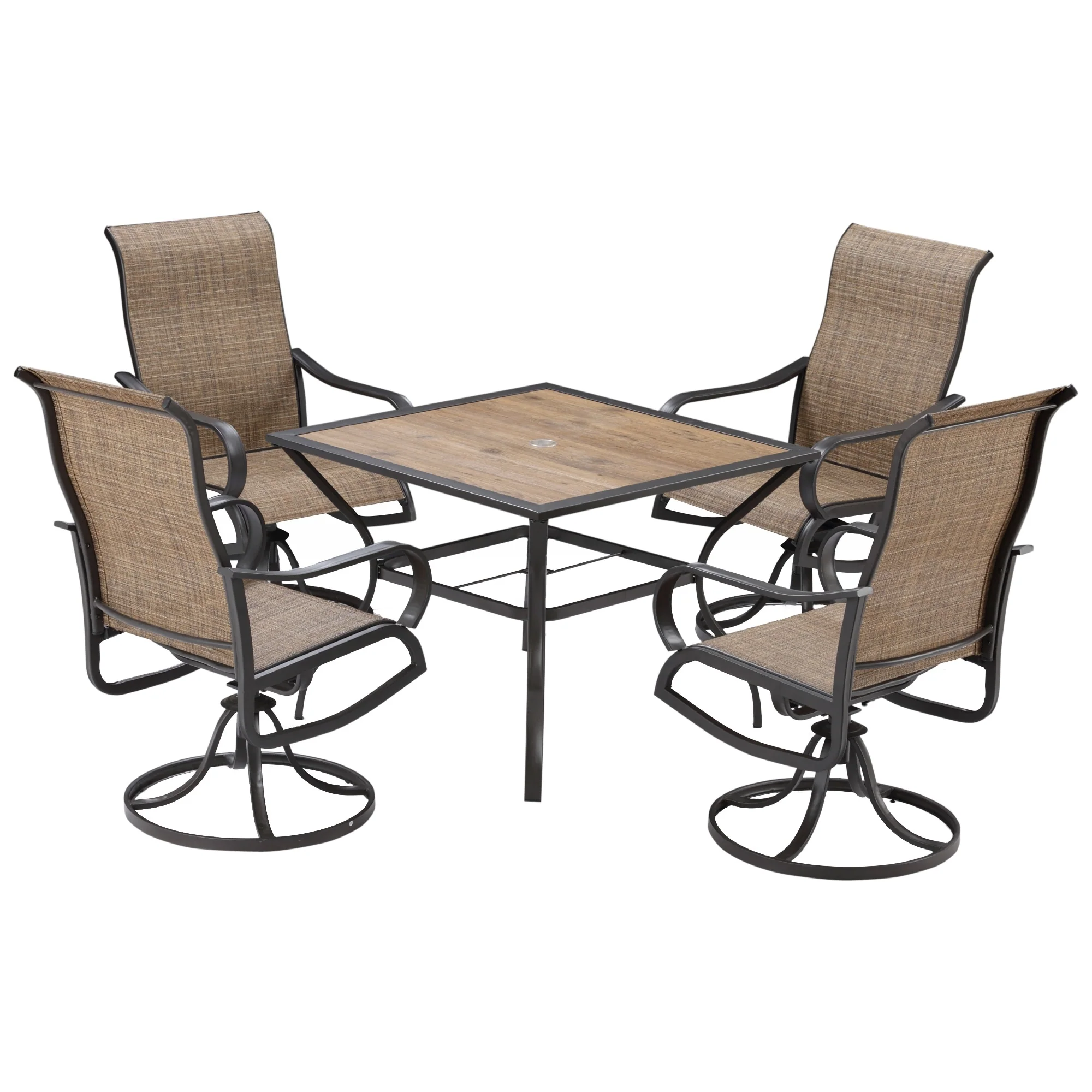 Outsunny 5-Piece Outdoor Patio Dining Set, 4 Swivel Rocker Chairs and 37 x 37 Dining Table Furniture Set with Umbrella Hole