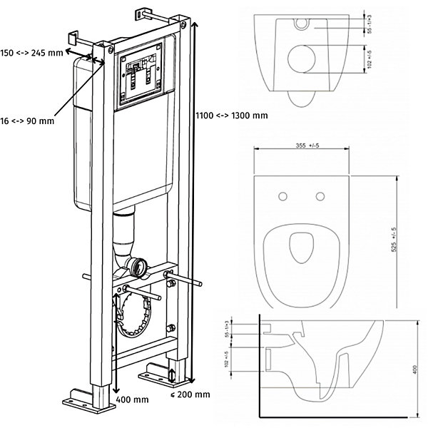 Pack WC suspendu bati siamp universel   cuvette sans bride grise knidos