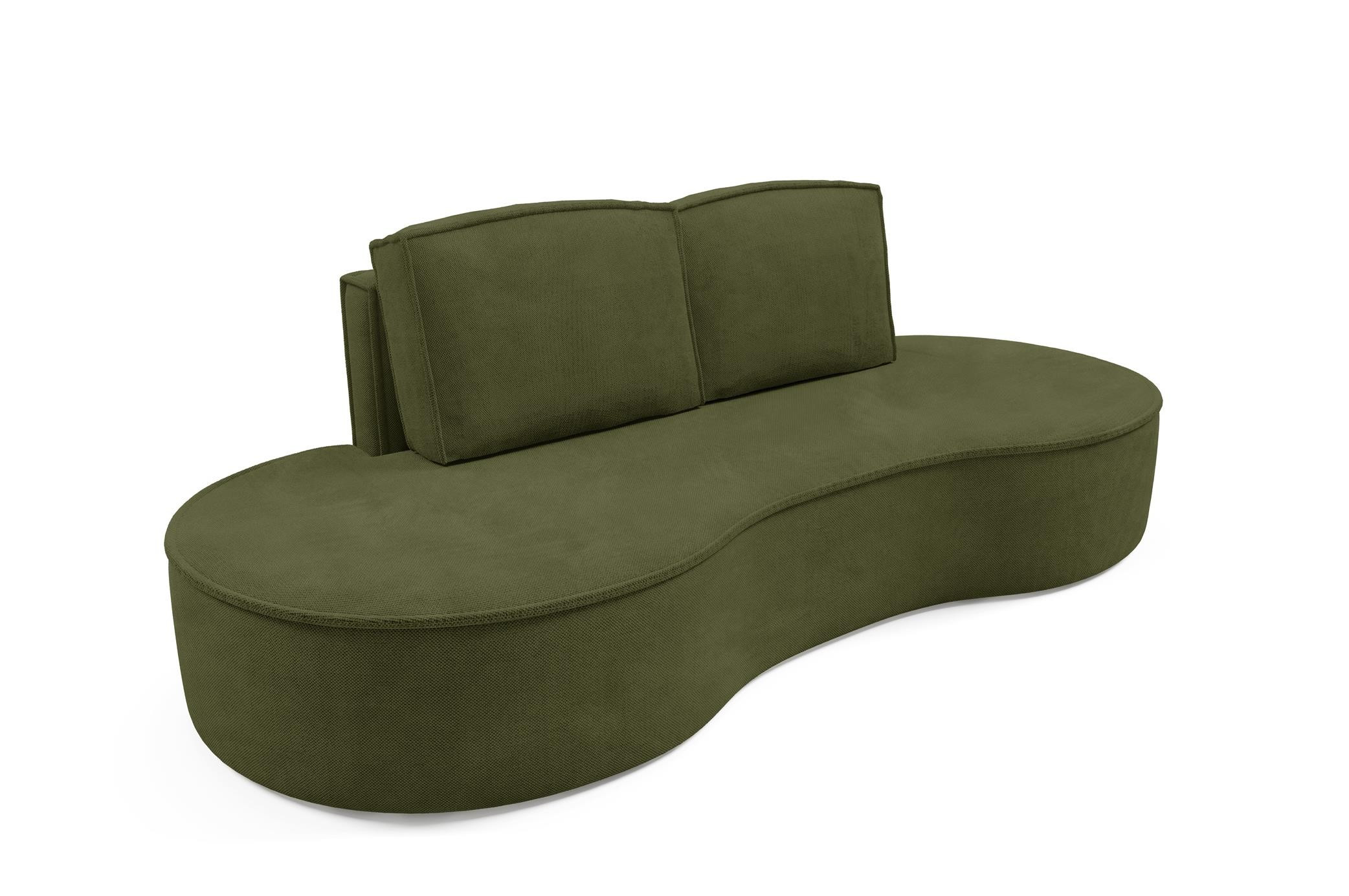 Sofa FLOW o zaokrąglonych bokach z poduszkami zielona w tkaninie Curio