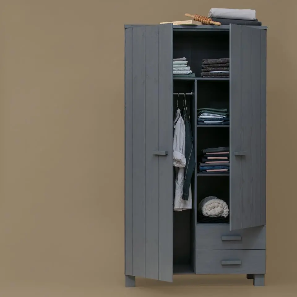 WOOOD Dennis Kast Met Laden - Grenen - Staal Grijs - 202x111x55