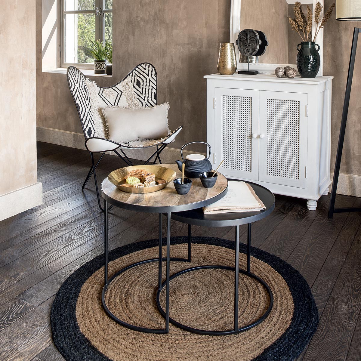 Round rug, jute with black edge Black, D.120 cm